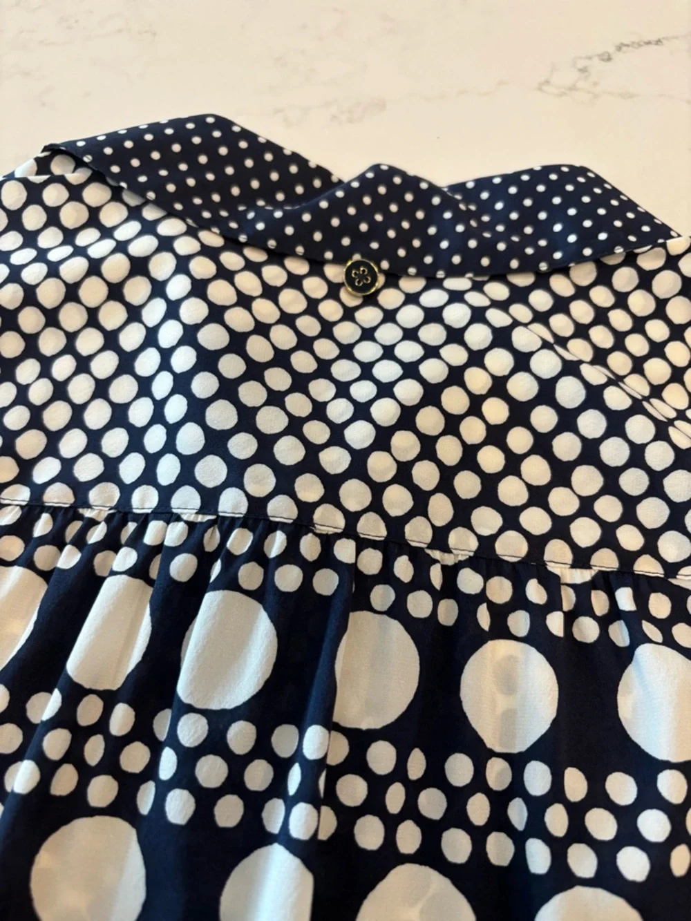 Tory Burch Navy and White Polka Dot Button-Up Blouse